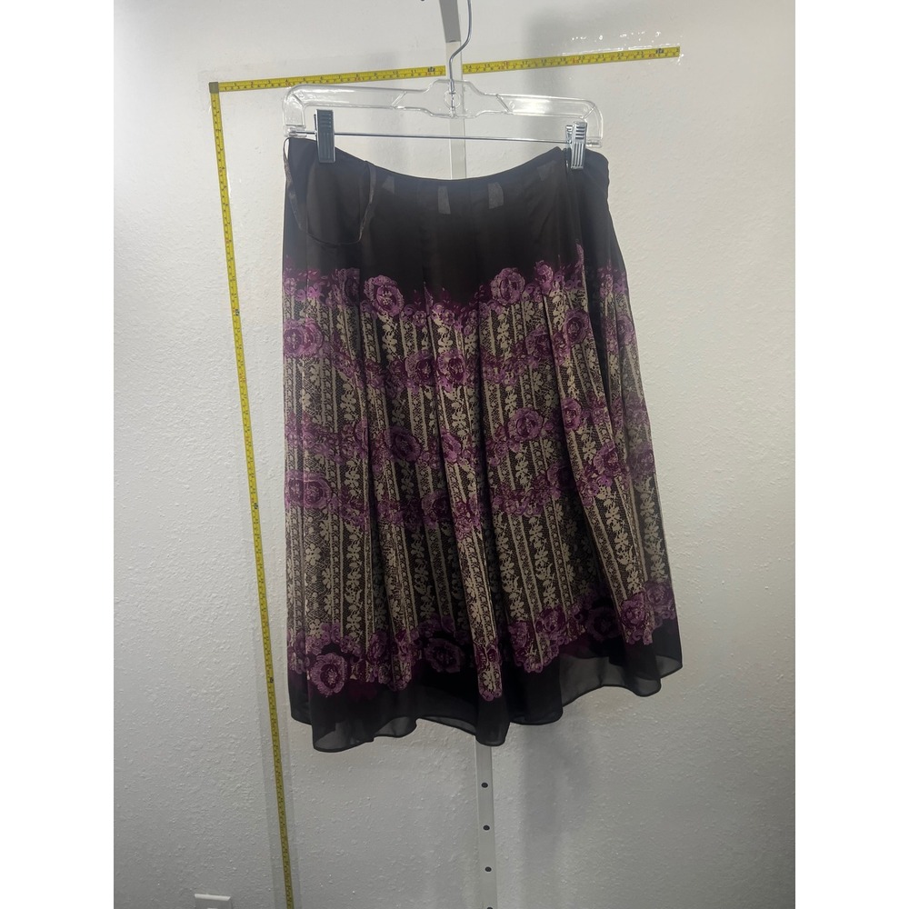 Anne Klein Brown Purple Floral Lace Print Pleated Midi Skirt Size 8 Chiffon